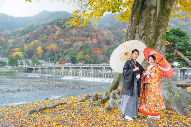 秋の嵐山で和装前撮り