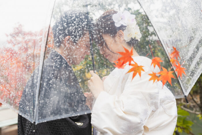 雨降る嵐山で和装の前撮り