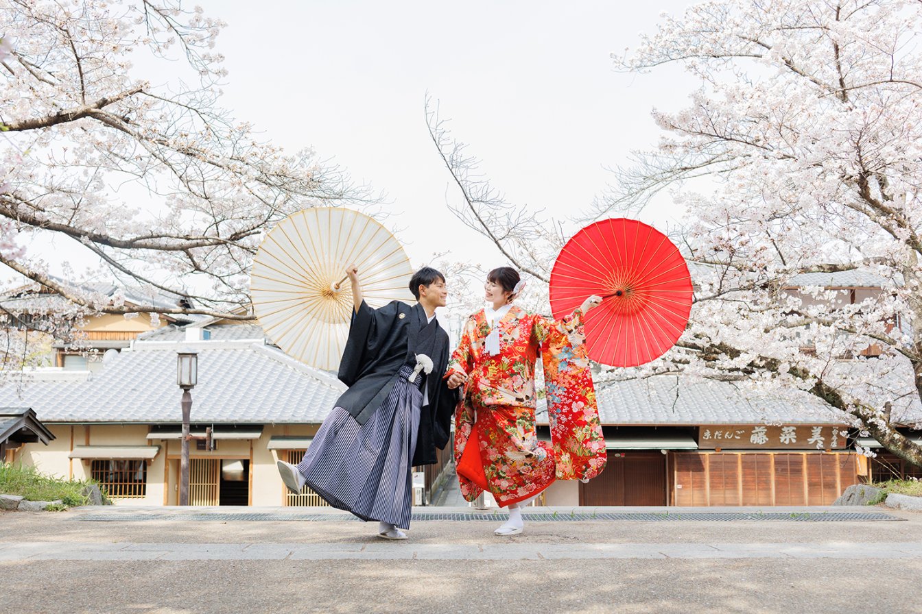 八坂の高台寺公園で桜前撮りする新郎新婦
